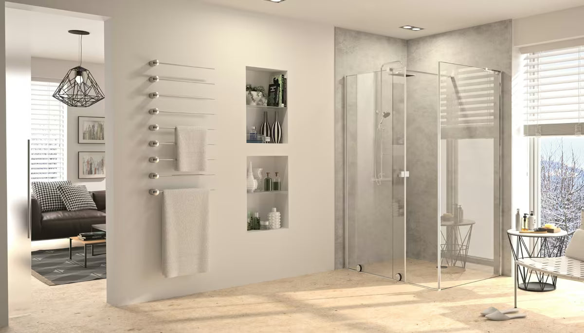 Tuš stijena Walk-In Hüppe Xtensa 140 cm u sjajnom kromu s prozirnim staklom i kliznim otvaranjem