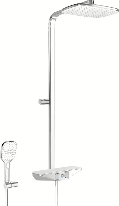 Hansa Emotion tuš sustav s termostatskom miješalicom Wellfit u bijelo-krom izvedbi s nadglavnim i ručnim tušem.