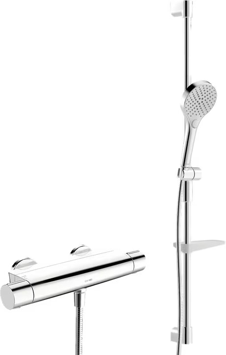 Termostatska miješalica za tuš Hansa Optima u kromu s tuš setom i ručnim tušem s tri vrste mlaza.