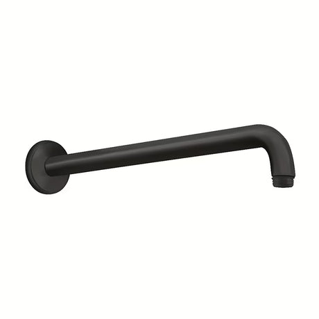 Mat crni nosač nadglavnog tuša Hansgrohe za zidnu montažu, duljine 389 mm, okruglog dizajna.