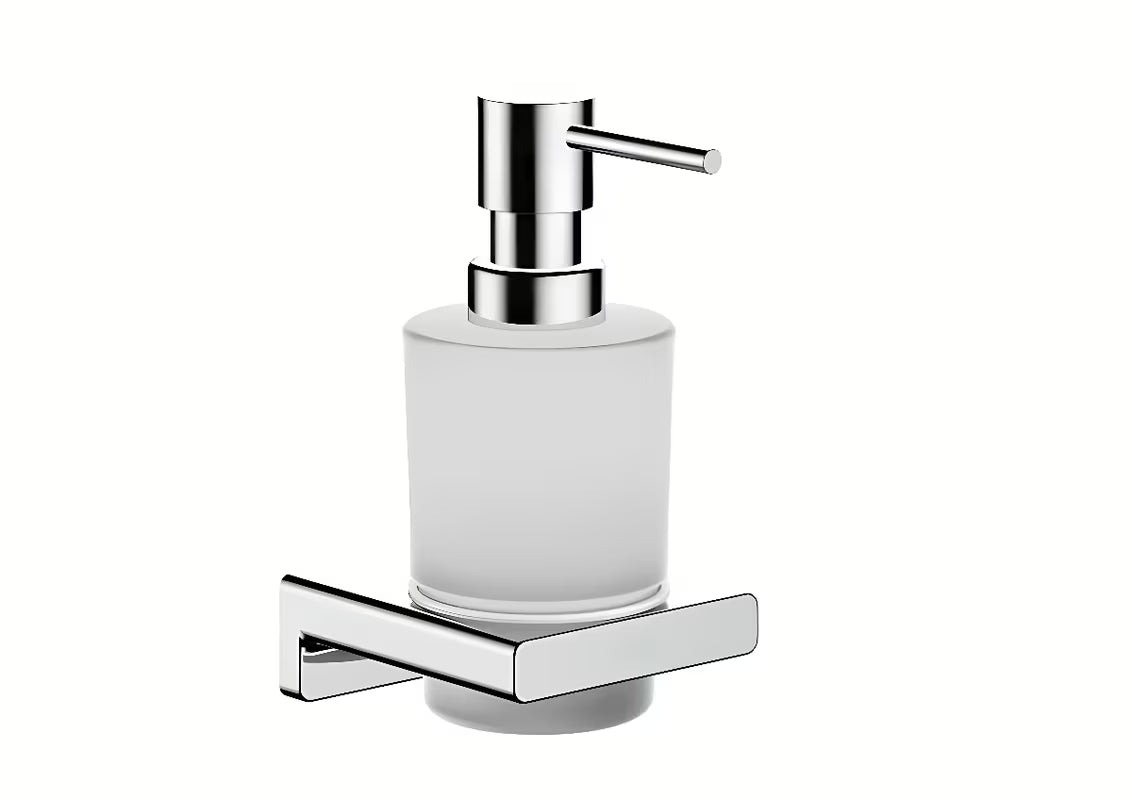Kromirani zidni dozator tekućeg sapuna hansgrohe addstoris sa staklenom posudom i metalnim držačem.