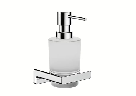 Kromirani zidni dozator tekućeg sapuna hansgrohe addstoris sa staklenom posudom i metalnim držačem.