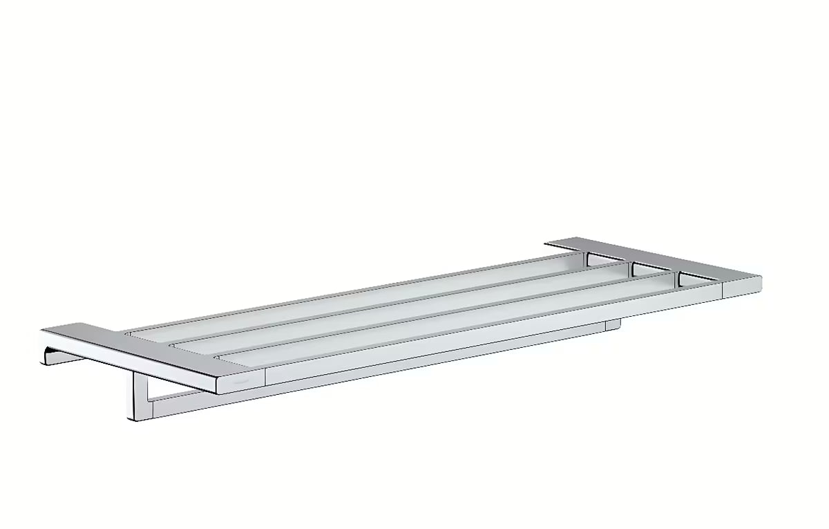 Kromirani zidna polica za ručnike Hansgrohe addstoris s donjim držačem pro za vješanje.