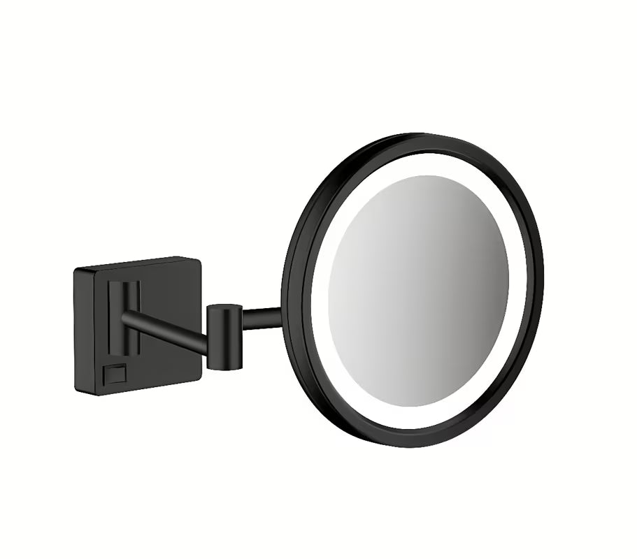 Sklopive kozmetičko ogledalo Hansgrohe addstoris u mat crnoj boji s LED osvjetljenjem za zidnu montažu.