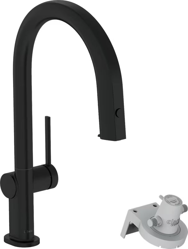 Mat crna miješalica za sudoper Hansgrohe Aqittura s izvlačnim izljevom i tipkom pro filtriranu vodu.