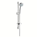 Tuš set Hansgrohe Croma 100 Vario u izvedbi chrome s ručnim tušem, šipkom, crijevom i posudicom za sapun.