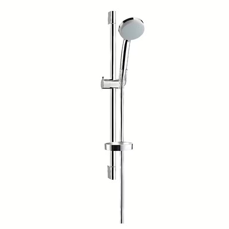 Tuš set Hansgrohe Croma 100 Vario u izvedbi chrome s ručnim tušem, šipkom, crijevom i posudicom za sapun.