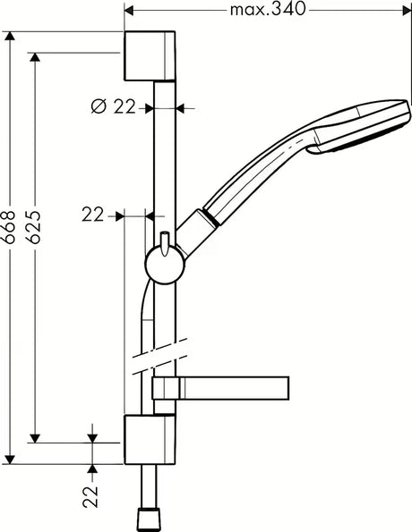 Tuš set Hansgrohe Croma 100 Vario u izvedbi chrome s ručnim tušem, šipkom, crijevom i posudicom za sapun.
