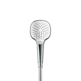 Ručni tuš Hansgrohe Croma Select E Vario u bijelo-krom izvedbi s tipkom Select i promjerom 110 mm.