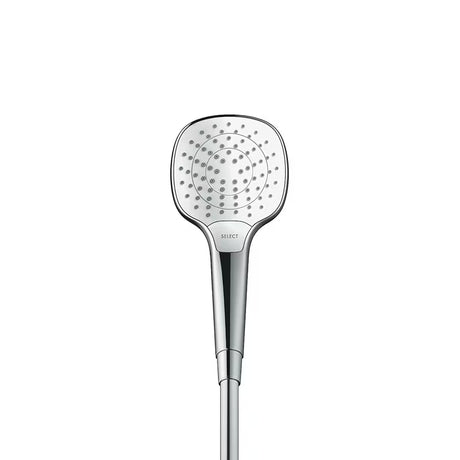 Ručni tuš Hansgrohe Croma Select E Vario u bijelo-krom izvedbi s tipkom Select i promjerom 110 mm.