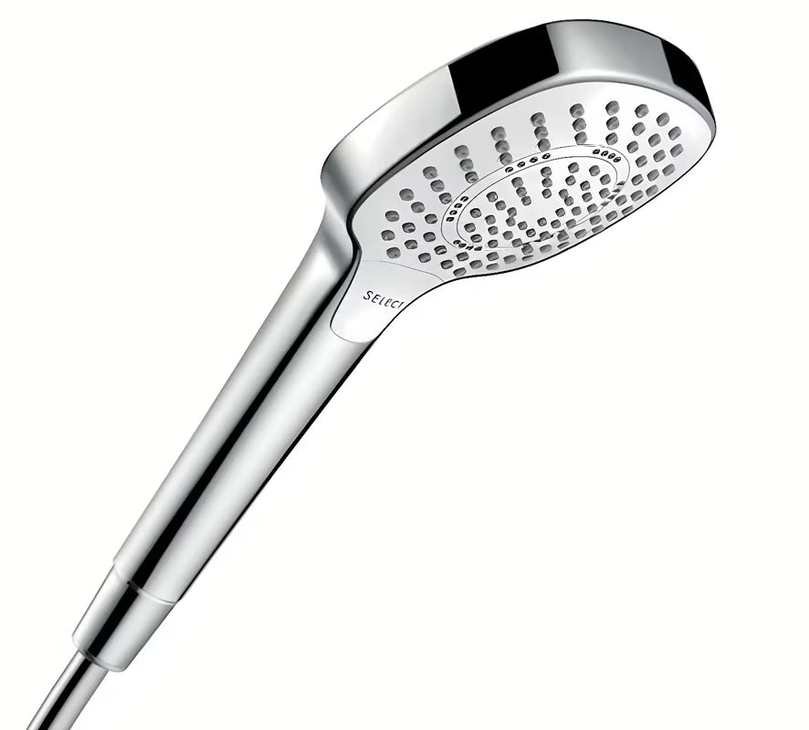 Ručni tuš Hansgrohe Croma Select E u bijelo-krom izvedbi s tipkom Select, promjera 110 mm