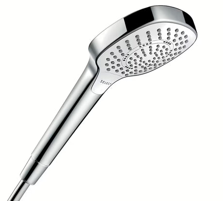 Ručni tuš Hansgrohe Croma Select E u bijelo-krom izvedbi s tipkom Select, promjera 110 mm