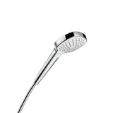 Ručni tuš Hansgrohe Croma Select E Vario u bijelo-krom izvedbi s tipkom Select i promjerom 110 mm.