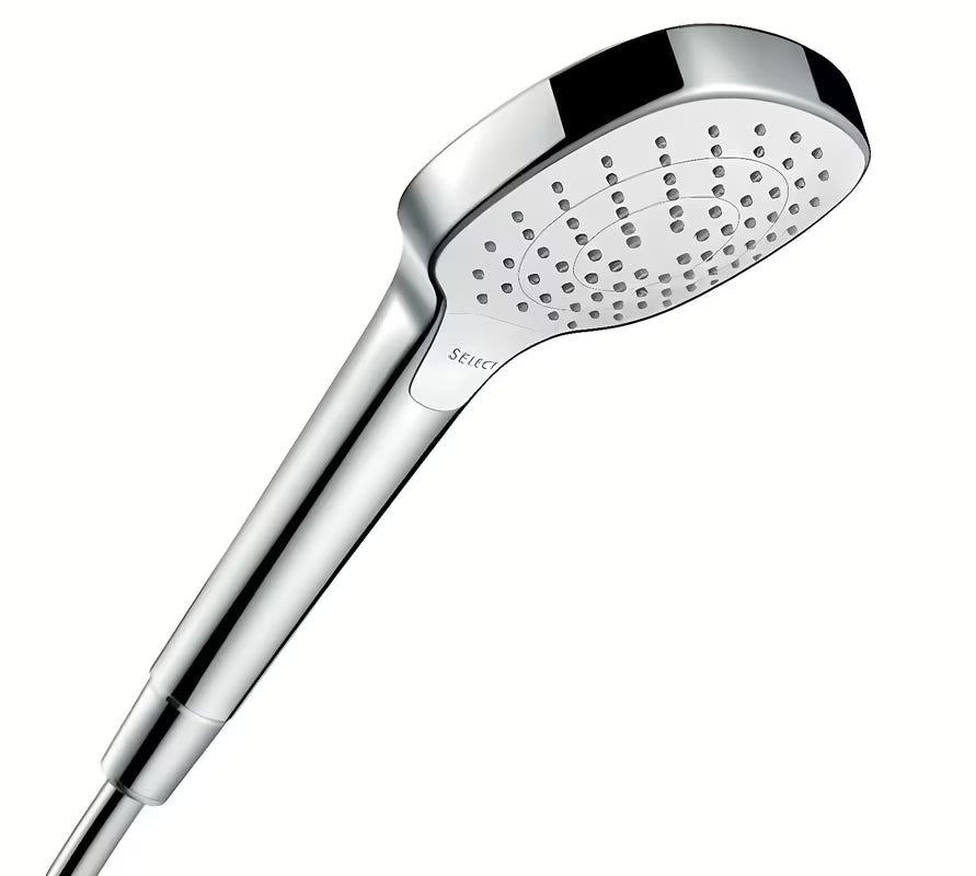 Ručni tuš Hansgrohe Croma Select E u bijeloj i krom izvedbi s tipkom Select i promjerom glave 110 mm
