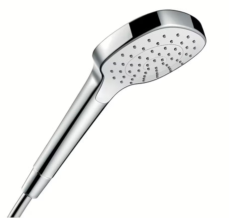 Ručni tuš Hansgrohe Croma Select E u bijeloj i krom izvedbi s mlazom Rain i promjerom 110 mm.