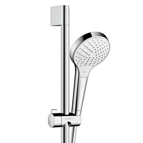 Tuš set Hansgrohe Croma Select S u bijeloj i krom izvedbi s ručnim tušem 3jet, šipkom Unica i crijevom 1,60 m.