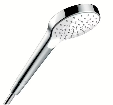 Ručni tuš Hansgrohe Croma Select S u bijeloj i kromiranoj boji s mlazom Rain i promjerom 110 mm.