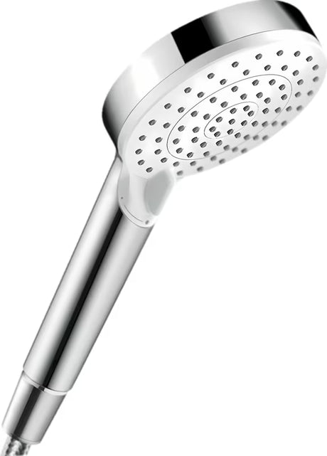 Ručni tuš hansgrohe Crometta u izvedbi bijela/krom s prebacivanjem između mlazova Rain i IntenseRain.