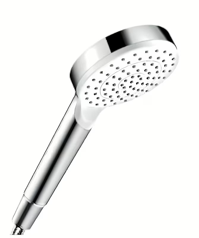 Ručni tuš hansgrohe Crometta 1jet Green u izvedbi bijela/krom s mlazom Rain i promjerom 100 mm.
