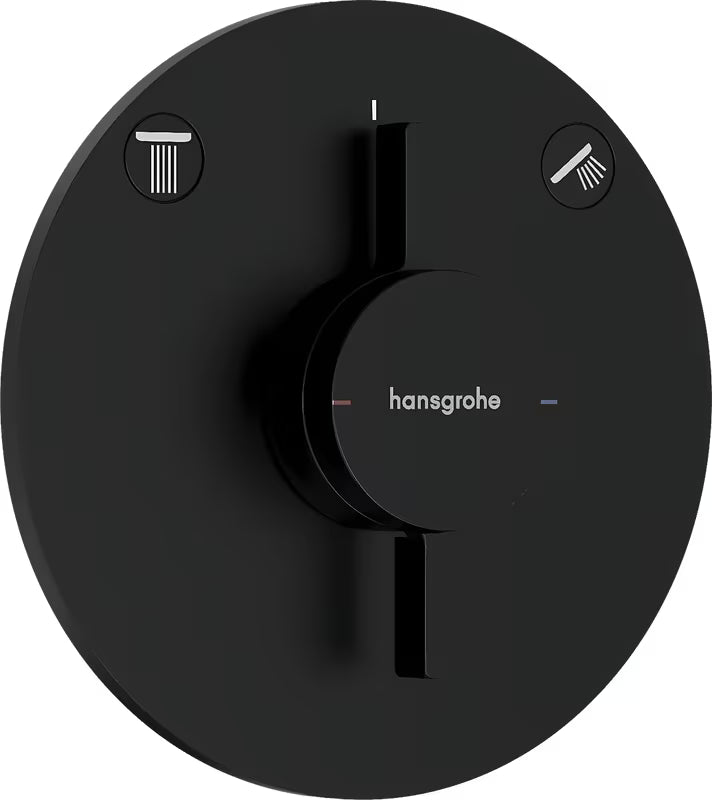 Podžbukna miješalica za tuš Hansgrohe duoturn S u mat crnoj boji pro za upravljanje dvama izljevnim mjestima.