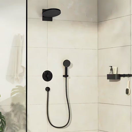 Podžbukna miješalica za tuš Hansgrohe duoturn S u mat crnoj boji pro za upravljanje dvama izljevnim mjestima.