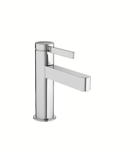 Kromirana miješalica za umivaonik Hansgrohe Finoris 100 s odvodom Push-open i vitkim geometrijskim dizajnom.