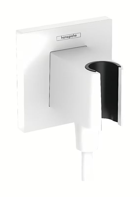 Hansgrohe fixfit E podžbukni priključak u mat bijeloj boji s držačem za ručni tuševi i četvrtastom rozetom.