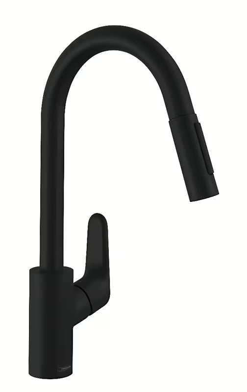 Mat crna miješalica za sudoper Hansgrohe Focus M41 s visokim izljevom i izvlačnim tušem.