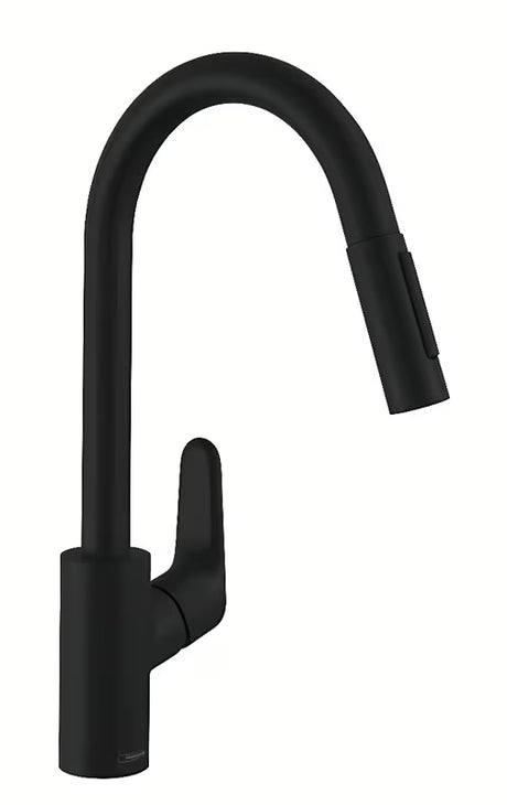 Mat crna miješalica za sudoper Hansgrohe Focus M41 s visokim izljevom i izvlačnim tušem.