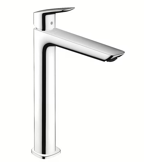 Visoka kromirana miješalica za umivaonik hansgrohe Logis Fine s ručicom za upravljanje i ispustom s poteznom šipkom
