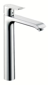 Visoka jednoručna baterija miješalica za umivaonik Hansgrohe Metris u kromu s odvodom i tehnologijom EcoSmart i QuickClean.