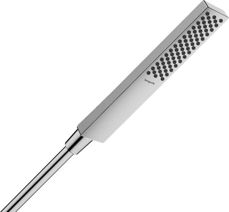 Kromirani ručni tuš hansgrohe Pulsify E 100 s mlazom PowderRain u minimalističkom štapnom dizajnu.