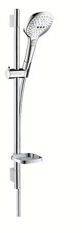 Hansgrohe Raindance Select E tuš set u krom izvedbi s ručnim tušem, šipkom, crijevom i posudicom za sapun.