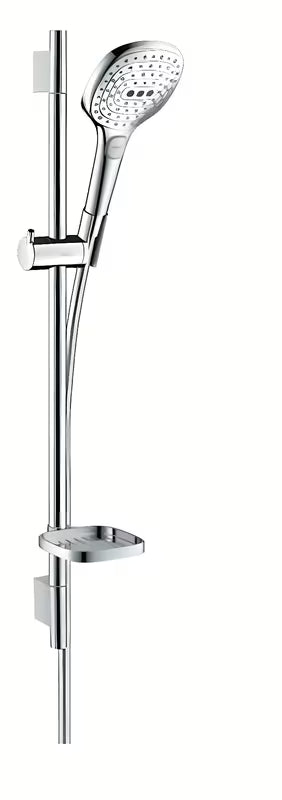 Hansgrohe Raindance Select E tuš set u krom izvedbi s ručnim tušem, šipkom, crijevom i posudicom za sapun.