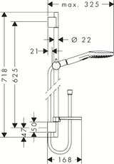 Hansgrohe Raindance Select E tuš set u krom izvedbi s ručnim tušem, šipkom, crijevom i posudicom za sapun.