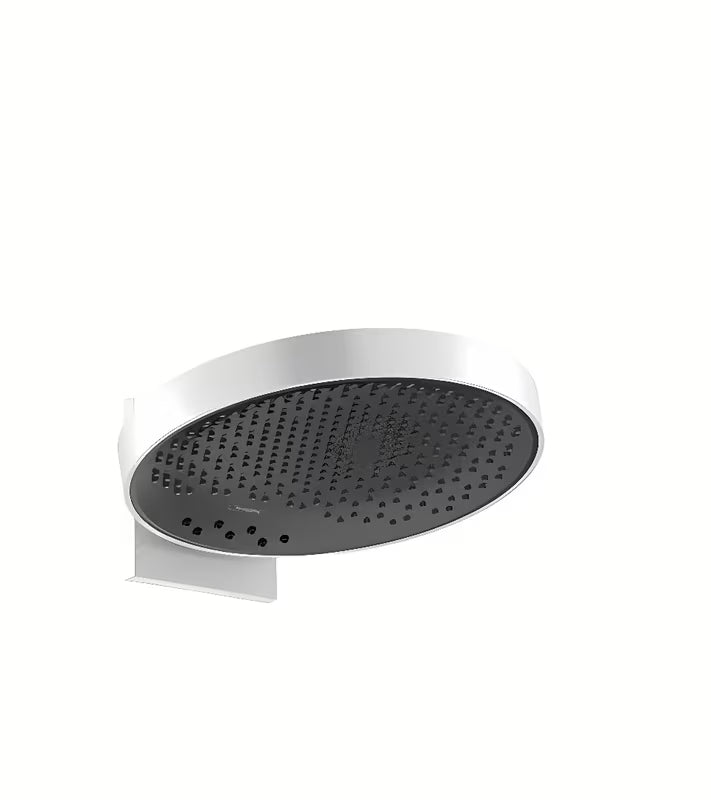 Bijeli nadglavni tuš Hansgrohe Rainfinity 360 sa zidnim priključkom i antracitnom tuš pločom
