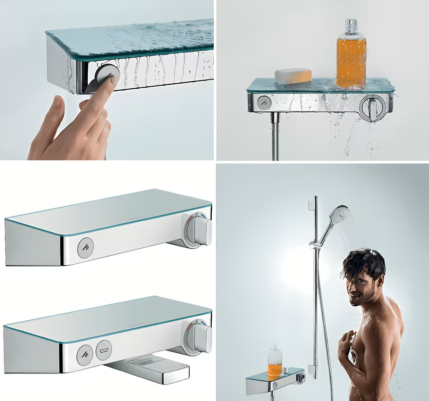 Hansgrohe showertablet Select 300 termostatska miješalica za kadu u bijeloj i krom izvedbi sa staklenom policom