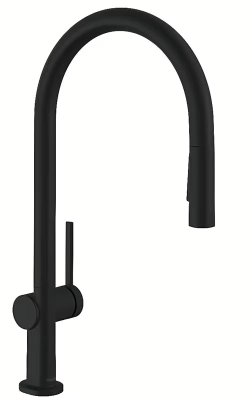 Crno-mat kuhinjska miješalica za sudoper Hansgrohe Talis s visokim lučnim izljevom i izvlačnim tušem