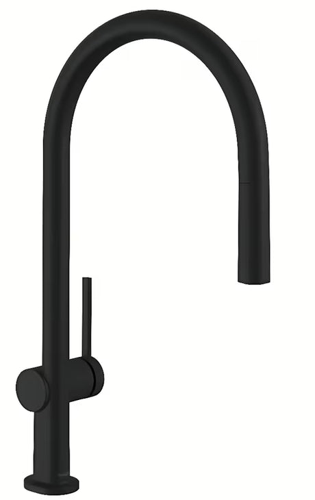 Mat crna miješalica za sudoper hansgrohe Talis s visokim lučnim izljevom i izvlačnim tušem.