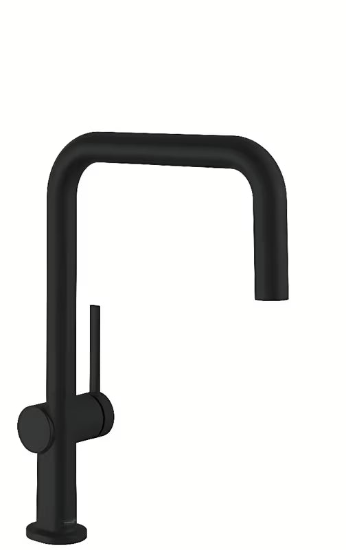 Mat crna jednoručna baterija miješalica za sudoper hansgrohe Talis s visokim U izljevom i zakretnim izljevom.