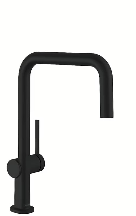 Mat crna jednoručna baterija miješalica za sudoper hansgrohe Talis s visokim U izljevom i zakretnim izljevom.