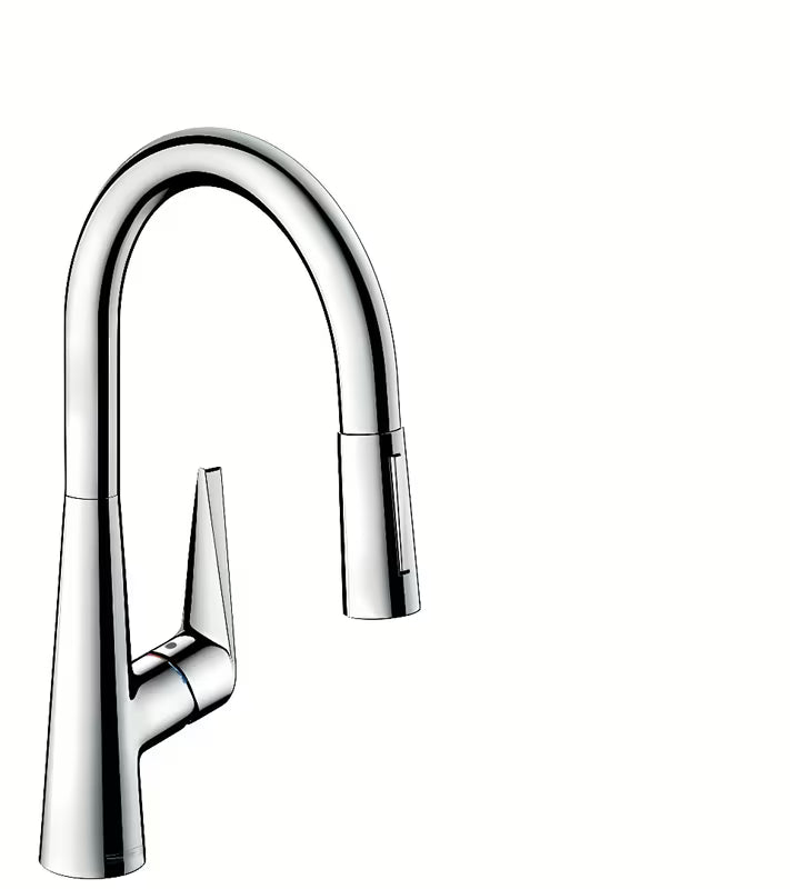 Kromirana miješalica za sudoper Hansgrohe Talis s izvlačnim tušem i prebacivanjem između laminarnog i tuš mlaza.
