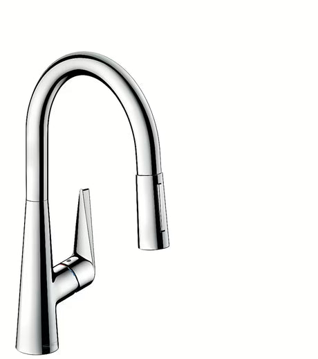 Kromirana miješalica za sudoper Hansgrohe Talis s izvlačnim tušem i prebacivanjem između laminarnog i tuš mlaza.