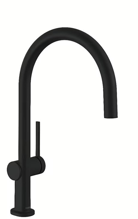Mat crna miješalica za sudoper Hansgrohe Talis s ručicom i zakretnim izljevom u zaobljenom dizajnu.
