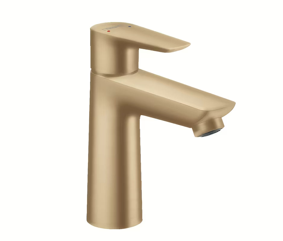 Umivaonička jednoručna baterija slavina Hansgrohe Talis E s odvodom u izvedbi brušena bronca.