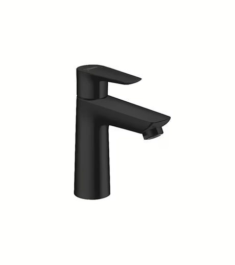 Umivaonička jednoručna baterija slavina Hansgrohe Talis E 110 s odvodom u mat crnoj boji.
