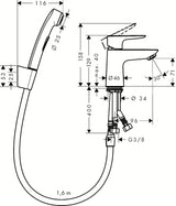 Kromirana jednoručna baterija miješalica za umivaonik Hansgrohe Talis E s bide tušem i odvodom Push-Open.