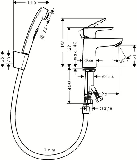 Kromirana jednoručna baterija miješalica za umivaonik Hansgrohe Talis E s bide tušem i odvodom Push-Open.