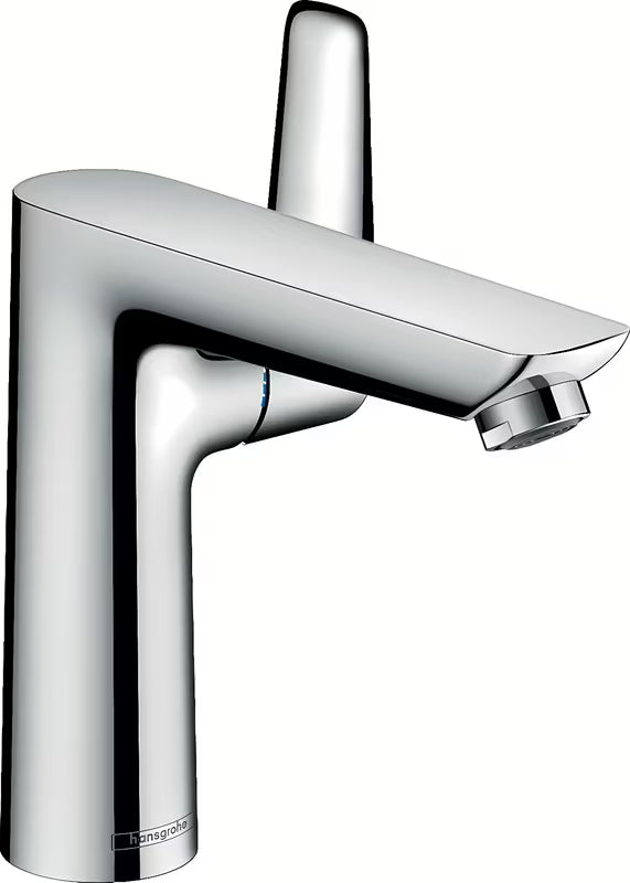 Kromirana jednoručna baterija miješalica za umivaonik Hansgrohe Talis E 150 s odvodom s poteznom šipkom.