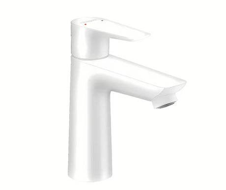 Umivaonička jednoručna baterija slavina Hansgrohe Talis E u mat bijeloj boji s odvodom i s ravnom polugom